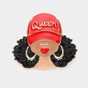 Red QUEEN Black Girl Magic Hoops Afro Hat Worded Statement Brooch Pin